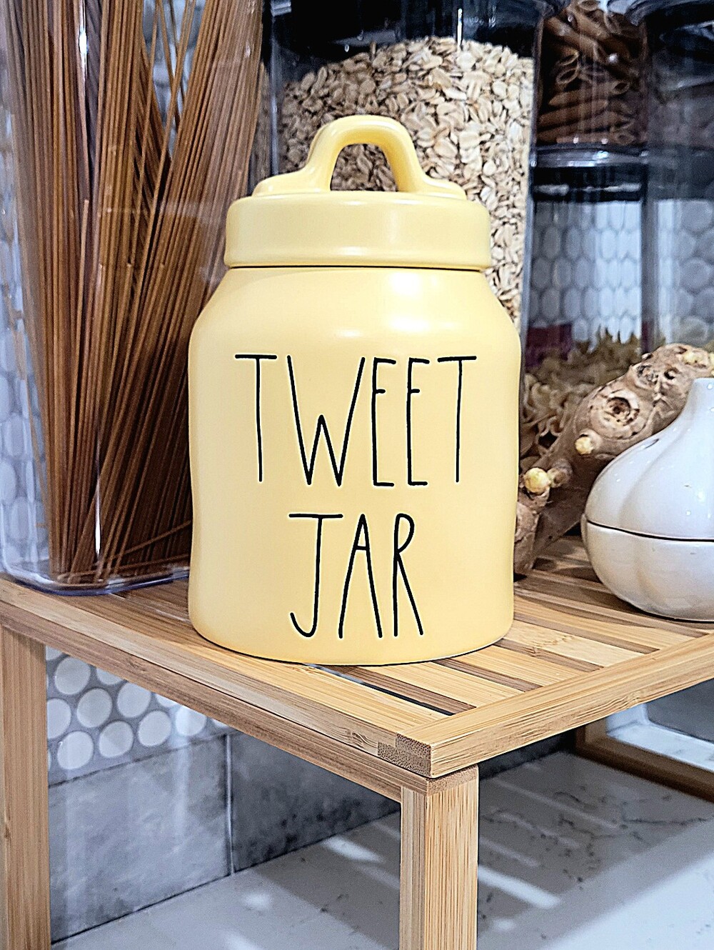 Rae Dunn Yellow Ceramic 'TWEET JAR' with Black Logo